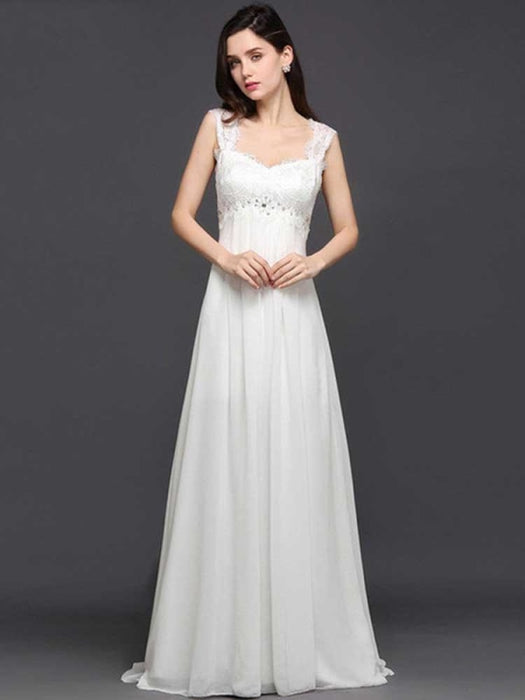 Elegant Square Beaded Ruffles Wedding Dresses - Ivory / Floor Length - wedding dresses