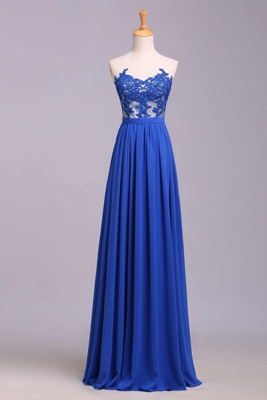 Elegant Strapless Chiffon Evening with Lace Appliques Long Prom Dress - Prom Dresses