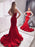 Elegant Strapless Mermaid Red Long Prom Dresses with Train, Mermaid Red Formal Dresses, Red Evening Dresses