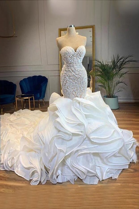 Elegant Sweetheart Lace Up Crystal Mermaid Wedding Dresses - Ivory - wedding dresses