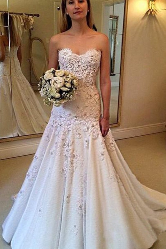 Elegant Sweetheart with Lace Appliques Strapless Wedding Dress - Wedding Dresses