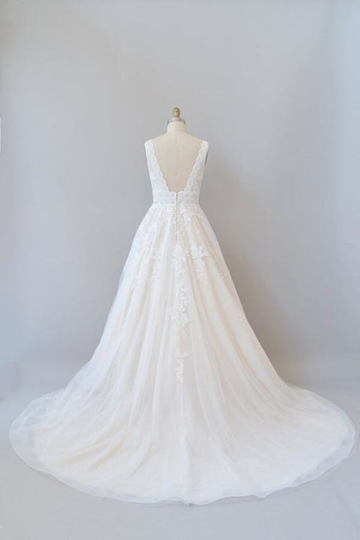 Elegant V-neck Appliques Tulle A-line Wedding Dress - Wedding Dresses