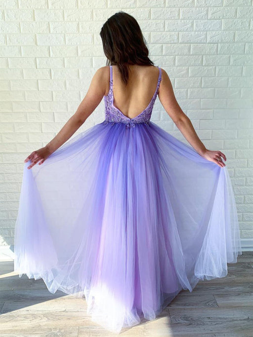 Elegant V Neck Backless Beaded Lace Purple Long Prom Dresses, Backless Purple Formal Graduation Evening Dresses