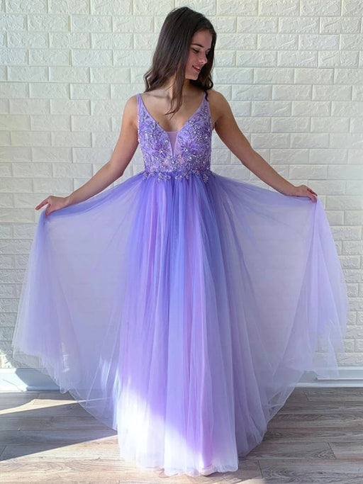 Elegant V Neck Backless Beaded Lace Purple Long Prom Dresses, Backless Purple Formal Graduation Evening Dresses