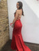 Elegant V Neck Backless Mermaid Pleated Red Prom Dresses with Slit, Halter Neck Red Mermaid Formal Dresses, Red Evening Dresses