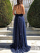 Elegant V Neck Backless Navy Blue Long Prom Dresses, y Navy Blue Formal Evening Dresses