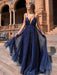 Elegant V Neck Backless Navy Blue Long Prom Dresses, y Navy Blue Formal Evening Dresses