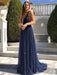 Elegant V Neck Backless Navy Blue Long Prom Dresses, y Navy Blue Formal Evening Dresses