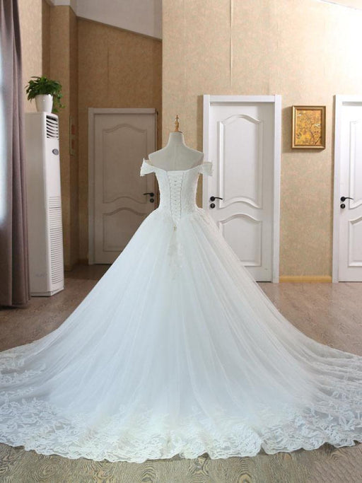 Elegant V-Neck Ball Gown Wedding Dresses Appliques Beaded Court Train - wedding dresses