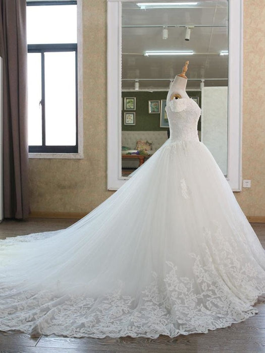 Elegant V-Neck Ball Gown Wedding Dresses Appliques Beaded Court Train - wedding dresses