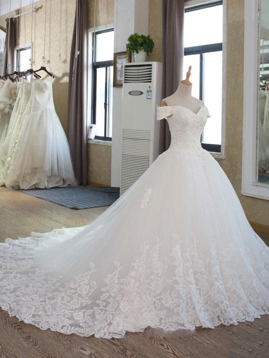 Elegant V-Neck Ball Gown Wedding Dresses Appliques Beaded Court Train - wedding dresses
