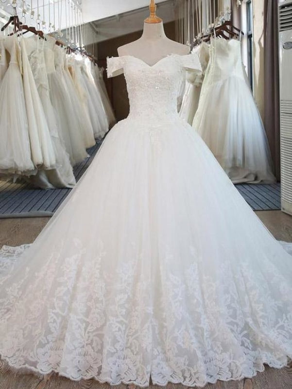 Elegant V-Neck Ball Gown Wedding Dresses Appliques Beaded Court Train - White / Long train - wedding dresses