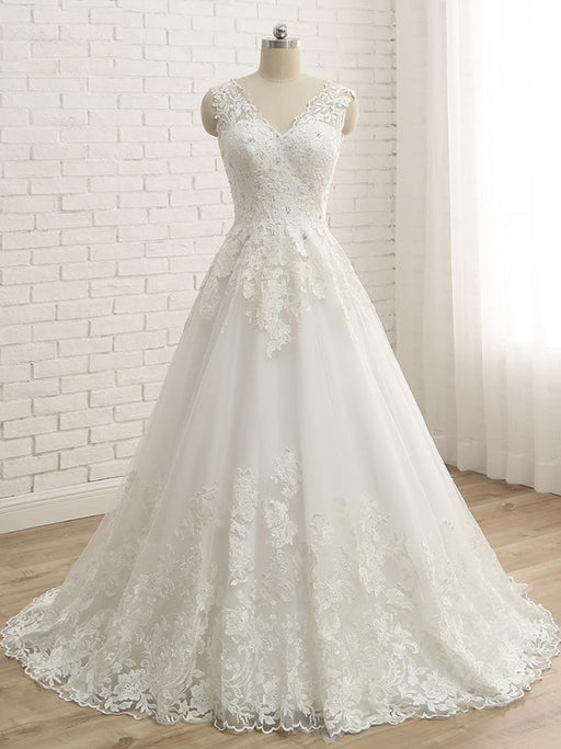 Elegant V-Neck Lace Ball Gown Wedding Dresses - Ivory / Floor Length - wedding dresses