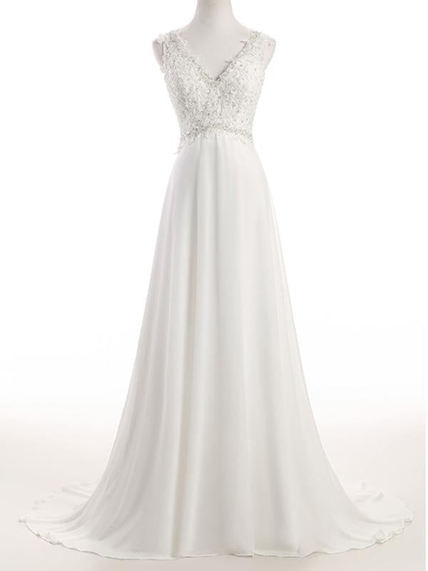 Elegant V Neck Lace Chiffon A-Line Wedding Dresses - White / Floor Length - wedding dresses