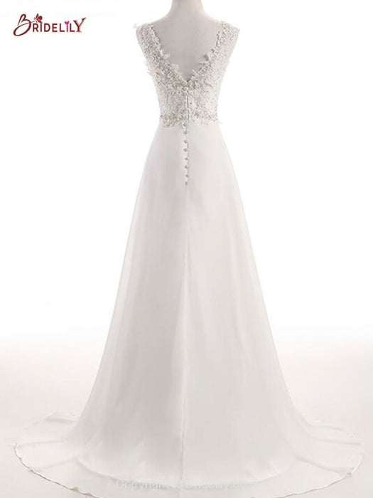 Elegant V Neck Lace Chiffon A-Line Wedding Dresses - wedding dresses