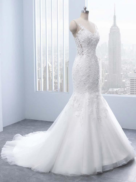 Elegant V-neck Lace Mermaid Wedding Dresses - wedding dresses