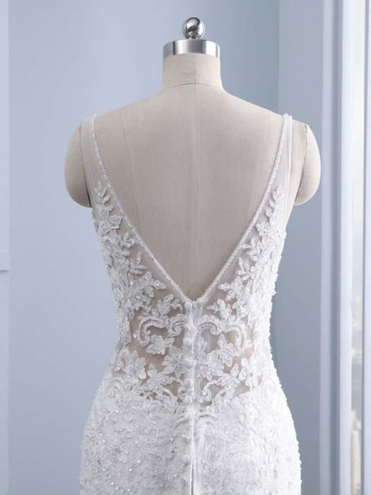 Elegant V-neck Lace Mermaid Wedding Dresses - wedding dresses