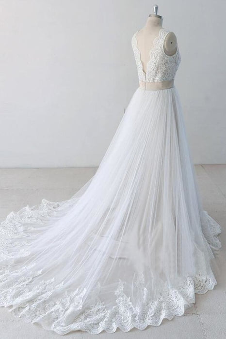 Elegant V-neck Lace Tulle A-line Wedding Dress - Wedding Dresses