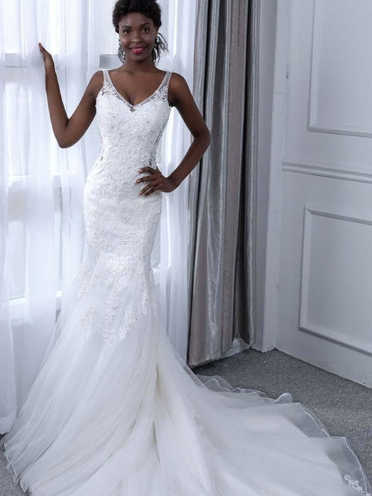 Elegant V-Neck Lace Tulle Mermaid Wedding Dresses - wedding dresses