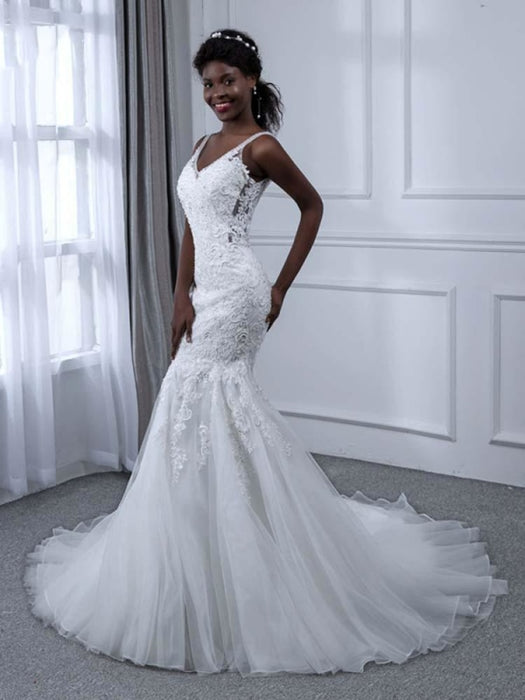 Elegant V-Neck Lace Tulle Mermaid Wedding Dresses - White / Floor Length - wedding dresses