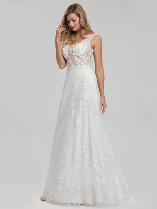 Elegant V-Neck Lace Wedding Dresses - White / Floor Length - wedding dresses