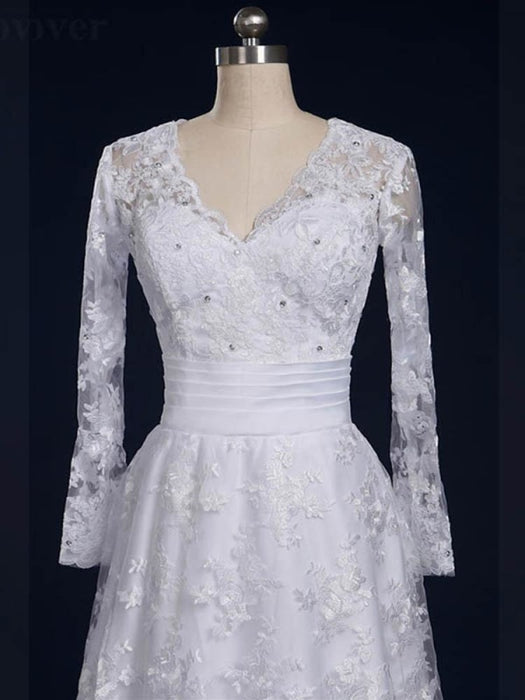 Elegant V-Neck Long Sleeves Covered Button Lace Wedding Dresses - wedding dresses