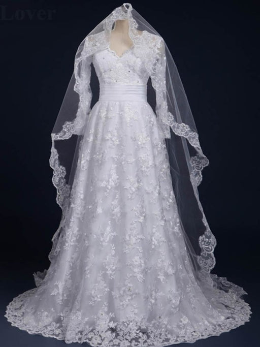 Elegant V-Neck Long Sleeves Covered Button Lace Wedding Dresses - White / Floor Length - wedding dresses