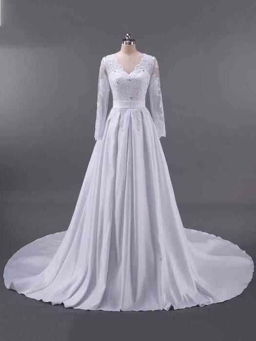 Elegant V-Neck Long Sleeves Lace Ruffles Wedding Dresses - White / Floor Length - wedding dresses