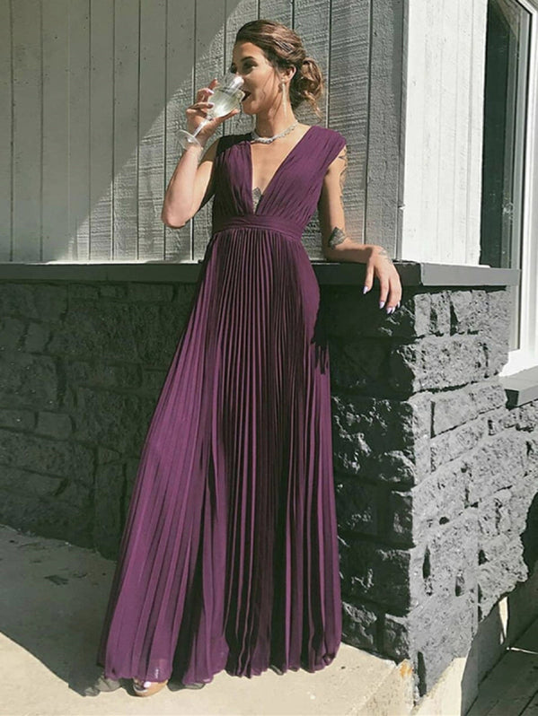 Gorgeous Dark Purple Prom Dress Chiffon V-Neck Sheath Evening Dress DP05116