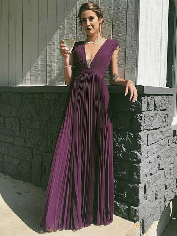 V Neck Purple Floral Long Prom Dresses, Purple V Neck Purple Floral Long Formal Evening Dresses