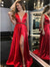 Elegant V Neck Red Satin Long Prom Dresses 2020 with High Slit, V Neck Red Formal Graduation Evening Dresses