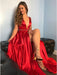 Elegant V Neck Red Satin Long Prom Dresses 2020 with High Slit, V Neck Red Formal Graduation Evening Dresses