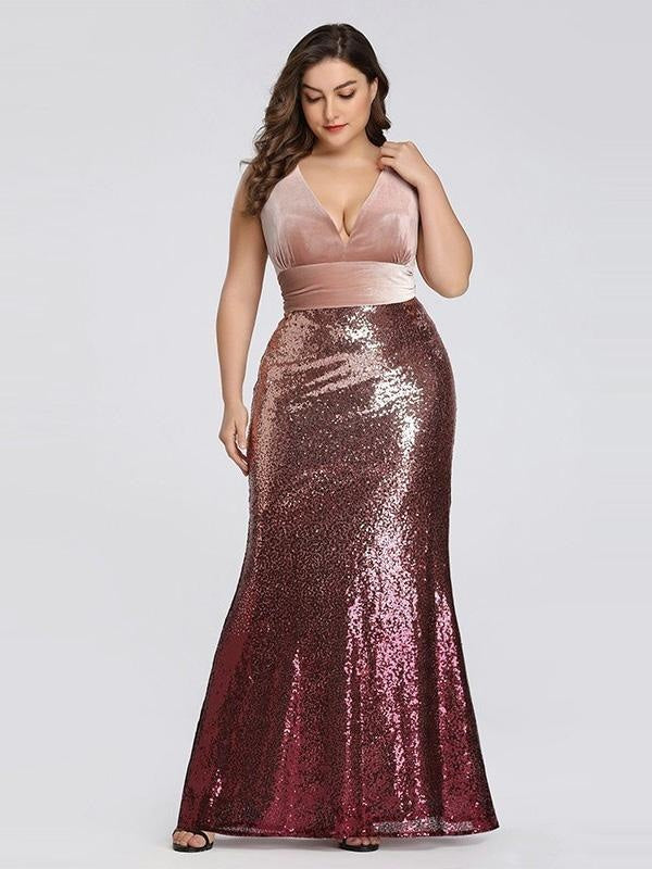 Elegant V-Neck Sequined Pink Mermaid Party Dresses - Pink / 4 / United States - evening dresses