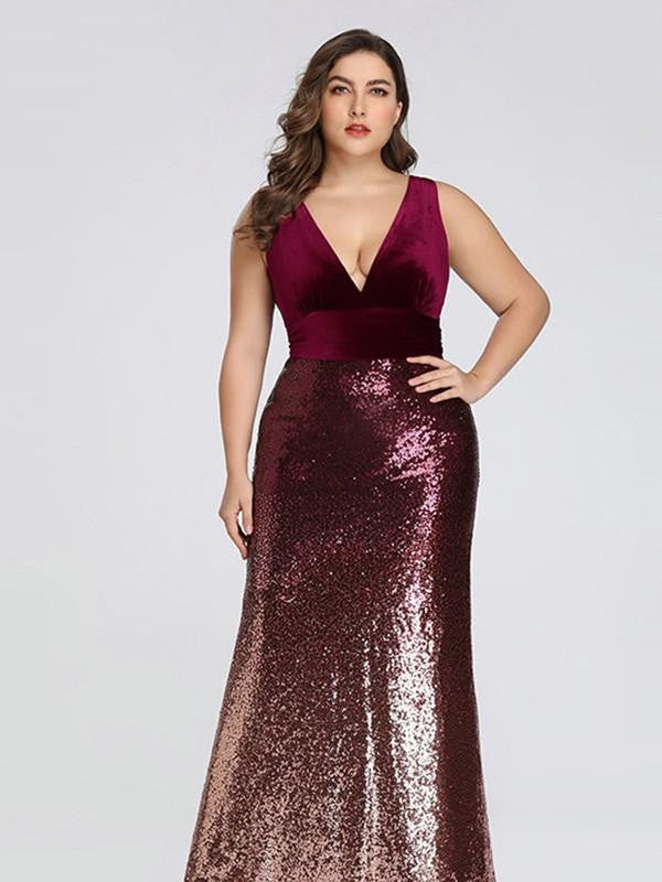 Elegant V-Neck Sequined Plus Size Mermaid Party Dresses - evening dresses