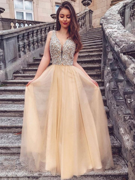 Elegant V Neck Sequins Long Chapagne Prom, Sparkly Champagne Formal Gr Bridelily Elegant V Neck Sequins Long Chapagne Prom, Sparkly Champagne Formal Gr Bridelily