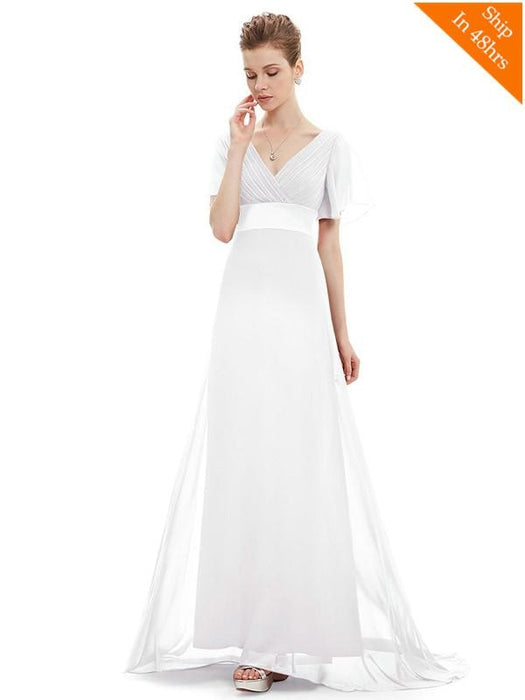 Elegant V-Neck Short Sleeve Chiffon Floor Length Evening Dresses - White / 4 / United States - evening dresses