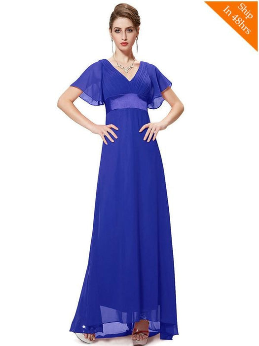 Elegant V-Neck Short Sleeve Chiffon Floor Length Evening Dresses - Spphire blue / 4 / United States - evening dresses