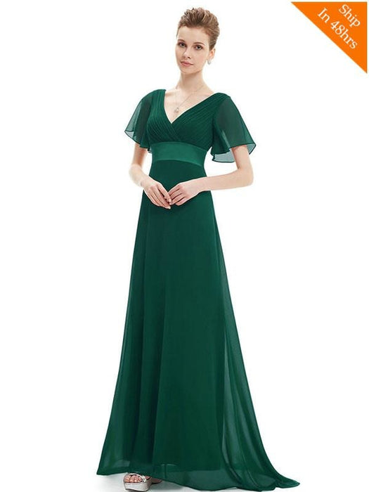 Elegant V-Neck Short Sleeve Chiffon Floor Length Evening Dresses - Green / 4 / United States - evening dresses