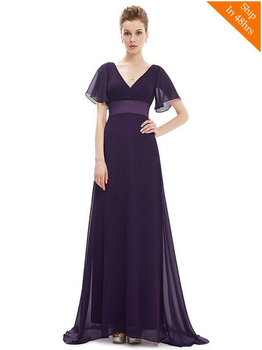 Elegant V-Neck Short Sleeve Chiffon Floor Length Evening Dresses - Purple / 4 / United States - evening dresses
