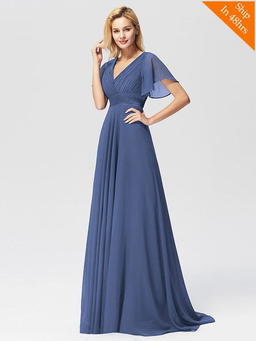 Elegant V-Neck Short Sleeve Chiffon Floor Length Evening Dresses - Dusty Blue / 4 / United States - evening dresses