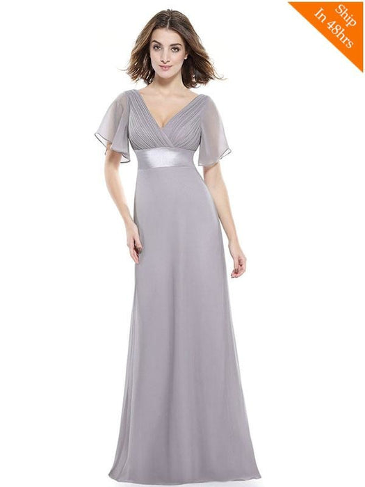 Elegant V-Neck Short Sleeve Chiffon Floor Length Evening Dresses - Frey / 4 / United States - evening dresses