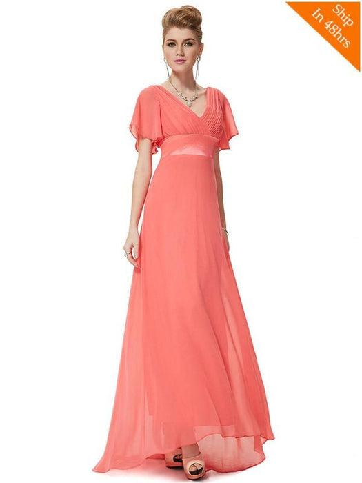Elegant V-Neck Short Sleeve Chiffon Floor Length Evening Dresses - Coral / 4 / United States - evening dresses