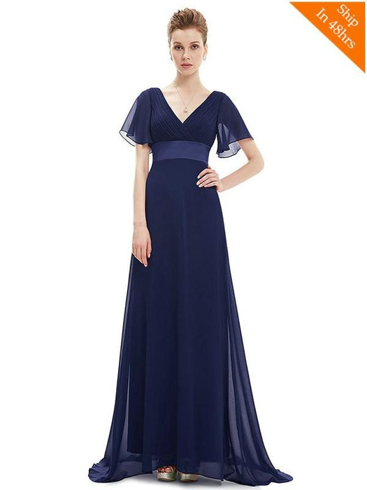 Elegant V-Neck Short Sleeve Chiffon Floor Length Evening Dresses - Navy Blue / 4 / United States - evening dresses