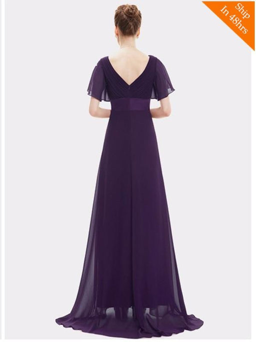 Elegant V-Neck Short Sleeve Chiffon Floor Length Evening Dresses - evening dresses
