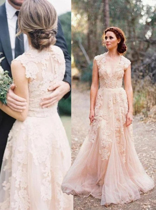 Elegant V-neck Sleeveless Cap Sleeves Floor-Length Wedding Dress - Wedding Dresses