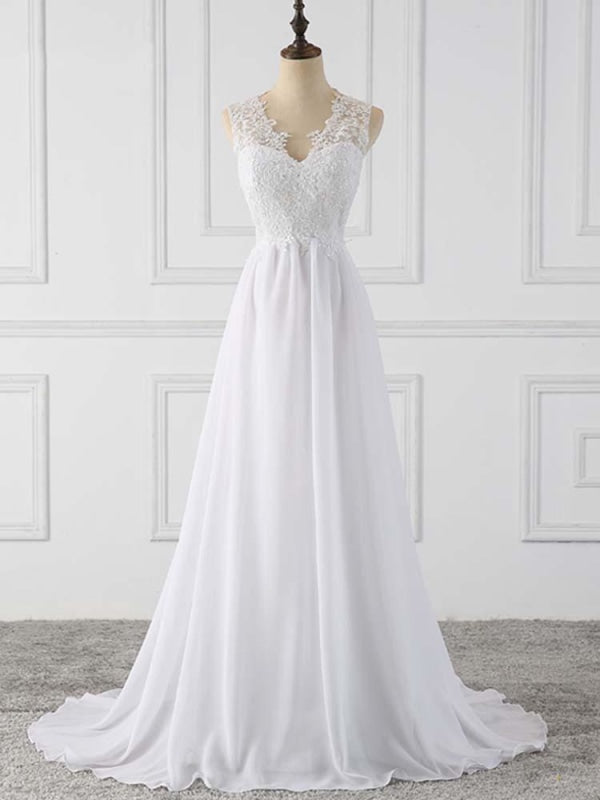 Elegant V-Neck Sleeveless Covered Button Ruffles Wedding Dresses - White / Floor Length - wedding dresses