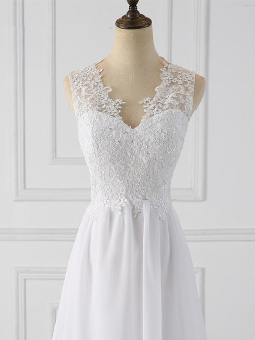 Elegant V-Neck Sleeveless Covered Button Ruffles Wedding Dresses - wedding dresses