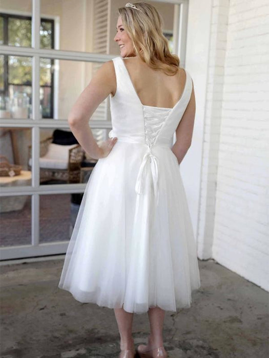 Elegant V-Neck Sleeveless Tea Length Lace Up Short Wedding Dresses - wedding dresses