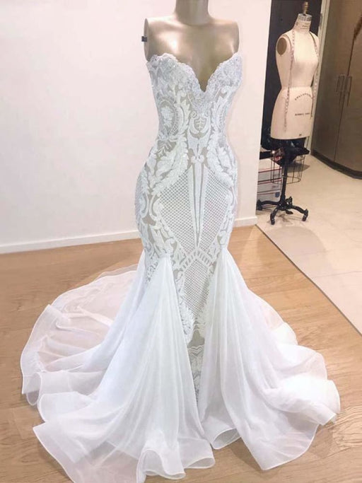 Elegant White V-Neck Mermaid Lace Wedding Dresses - Ivory / With Train - wedding dresses