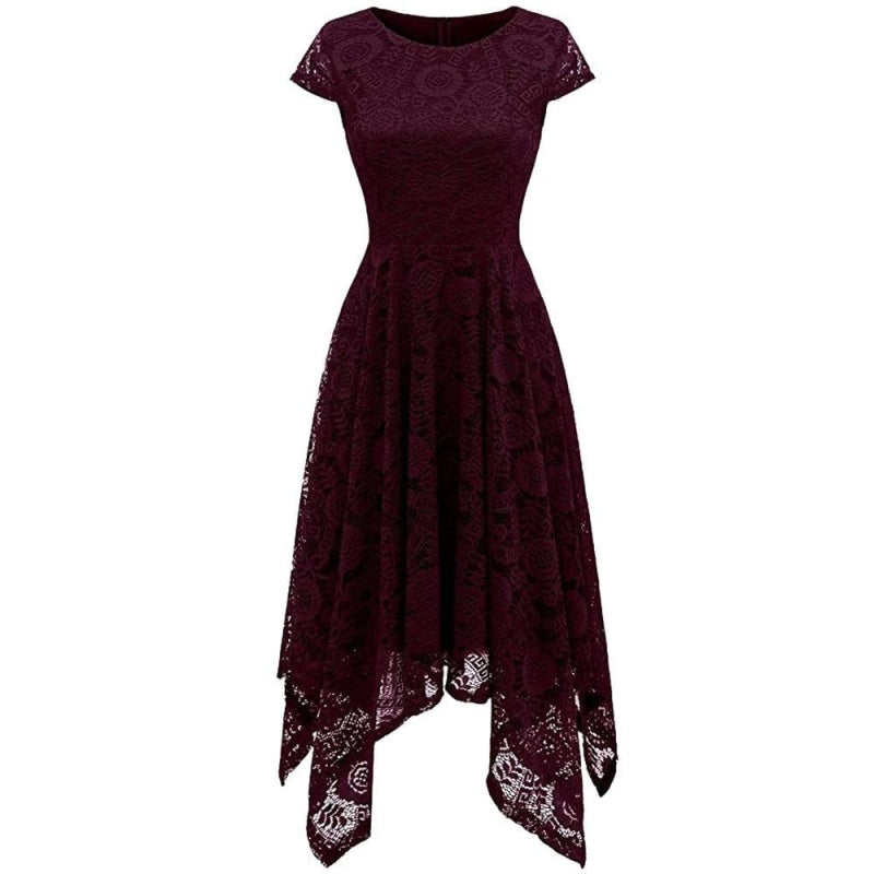 Elegant Women O-Neck Asymmetrical Lace Dress - Burgundy / S - lace dresses